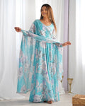 Elegant Floral Print Anarkali Gown with Triangle Lace Dupatta