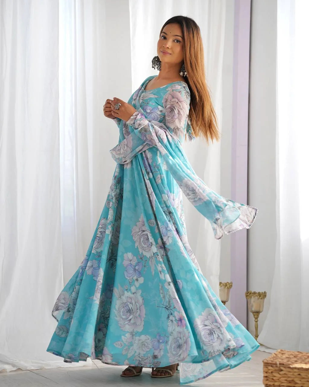 Elegant Floral Print Anarkali Gown with Triangle Lace Dupatta