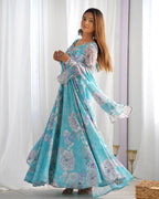 Elegant Floral Print Anarkali Gown with Triangle Lace Dupatta