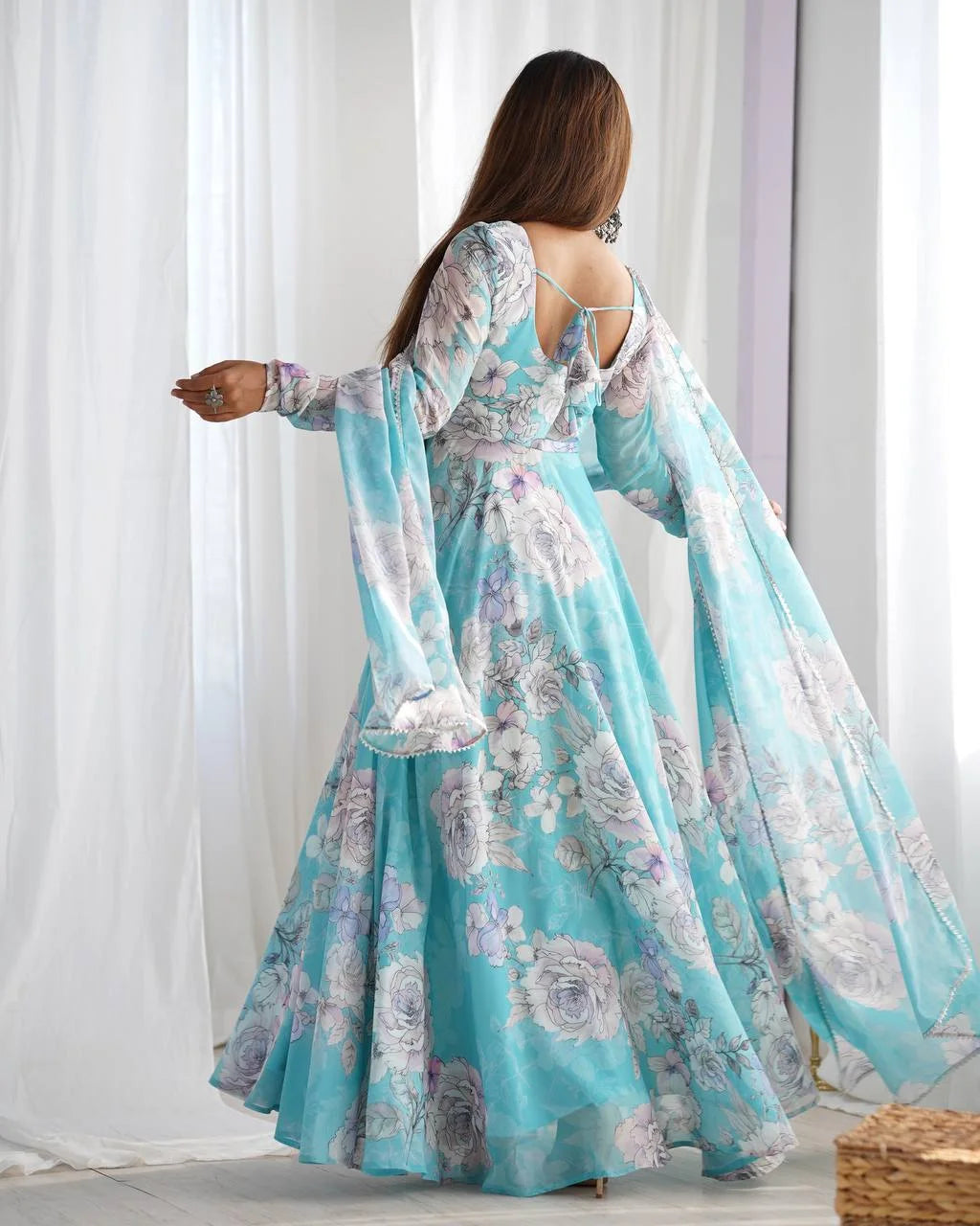 Elegant Floral Print Anarkali Gown with Triangle Lace Dupatta