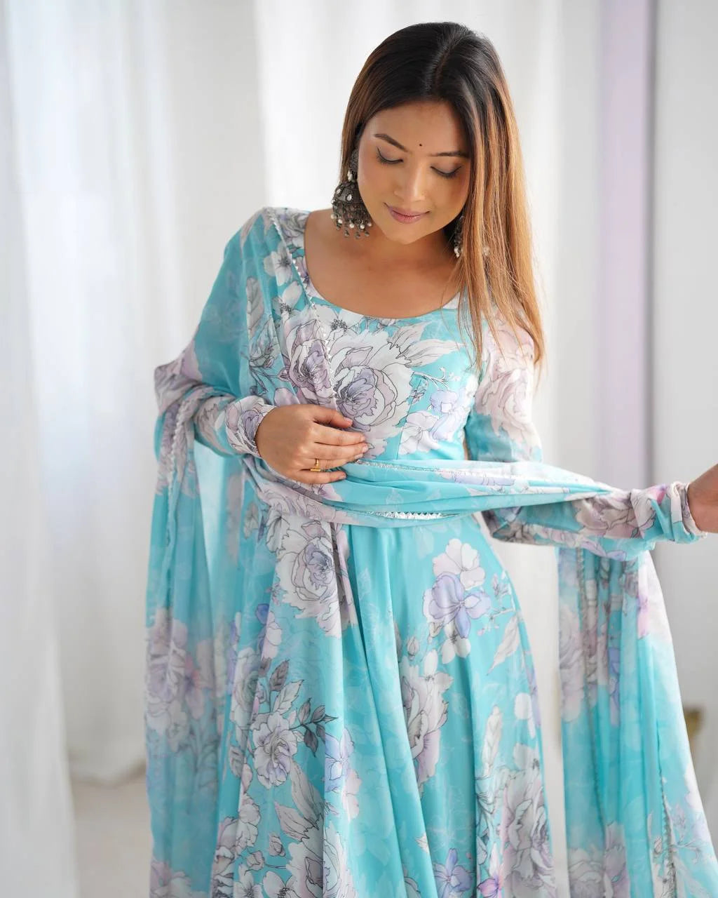 Elegant Floral Print Anarkali Gown with Triangle Lace Dupatta