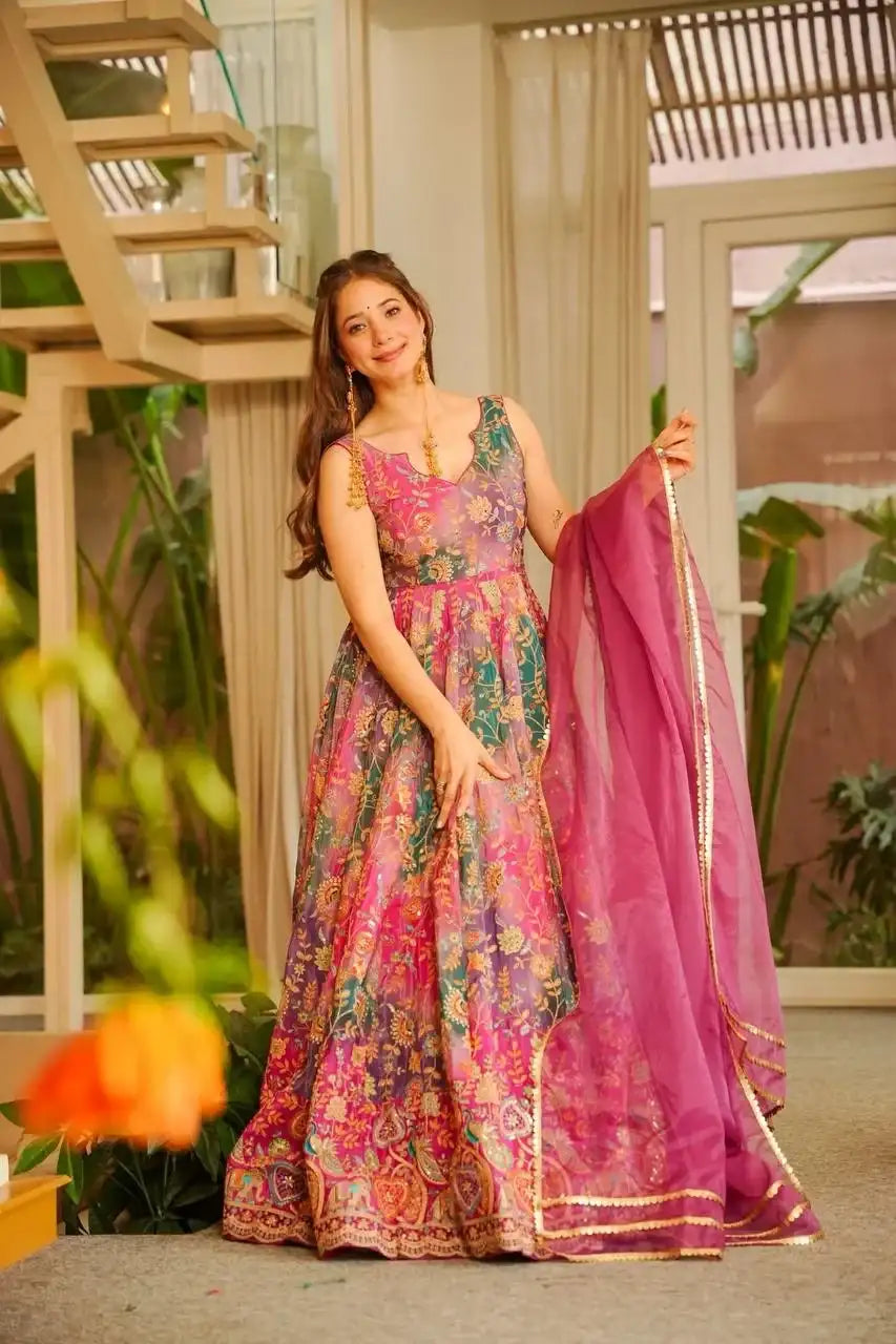 Trending Floral Anarkali Gown with Premium Organza Dupatta Wedding Collection