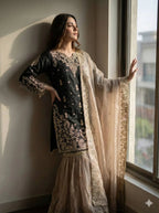 Royal GMY Silk Sharara Suit with Heavy Embroidery & Lace Dupatta