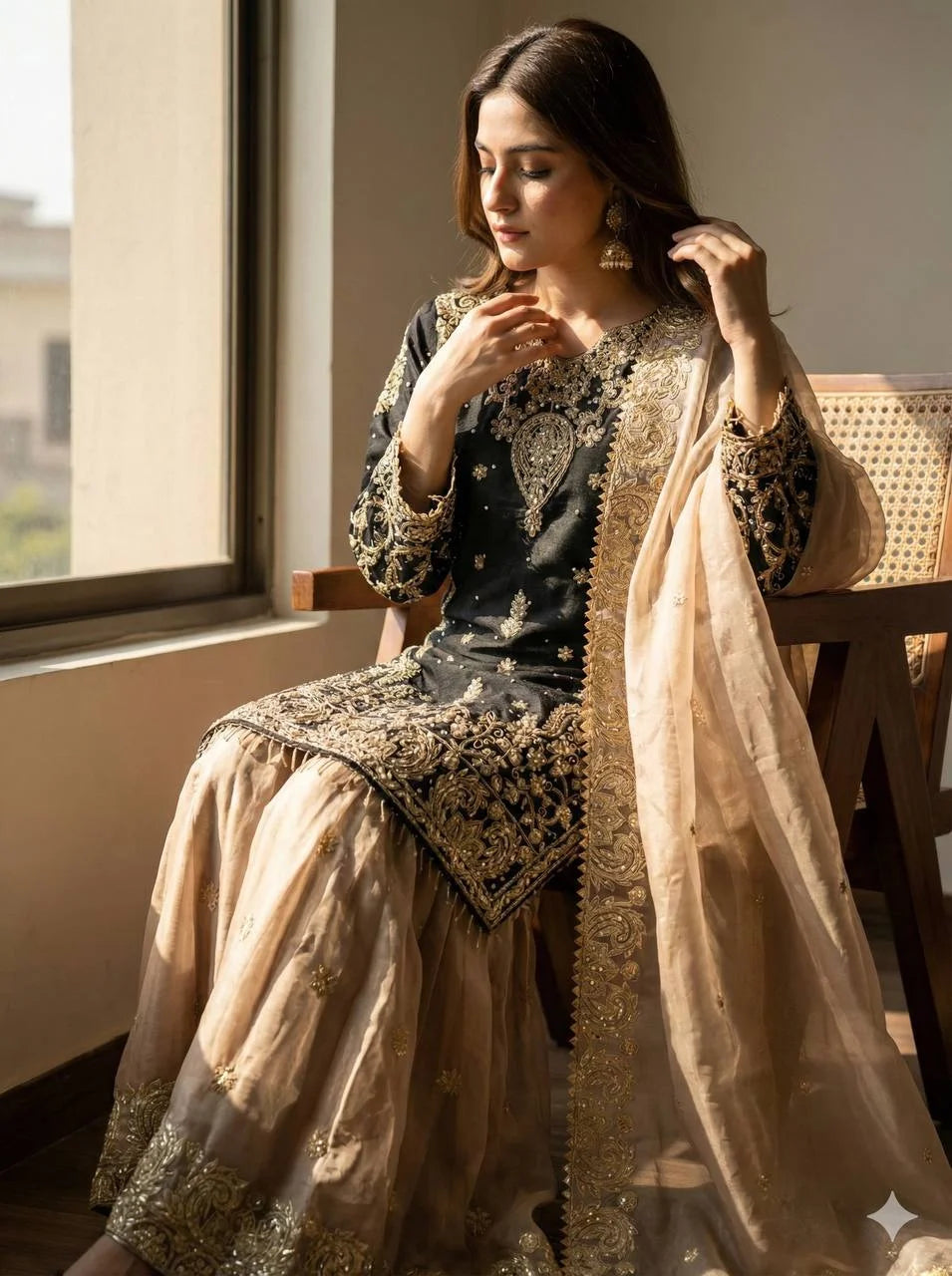 Royal GMY Silk Sharara Suit with Heavy Embroidery & Lace Dupatta