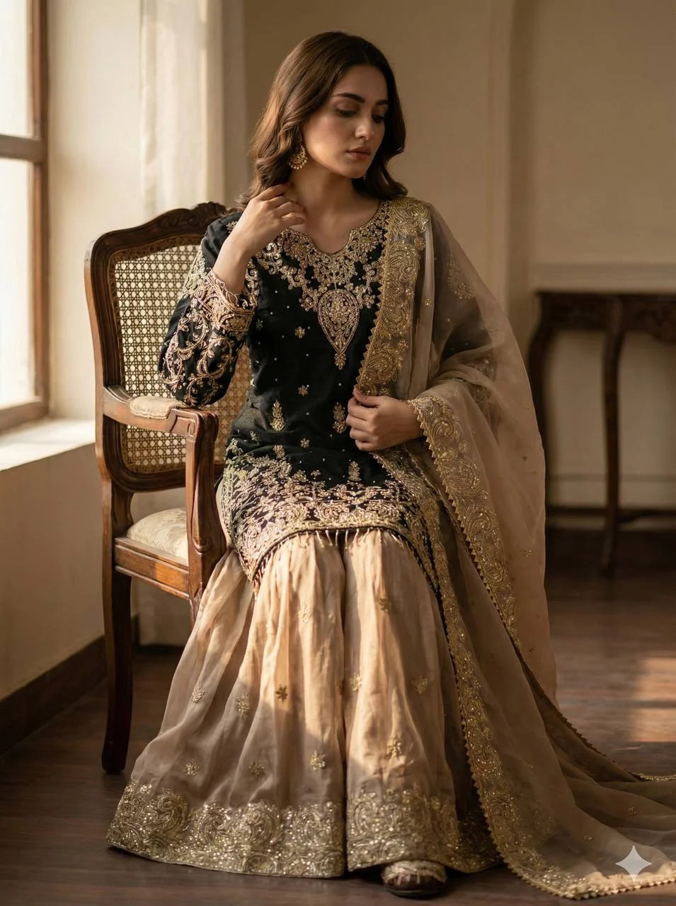 Royal GMY Silk Sharara Suit with Heavy Embroidery & Lace Dupatta