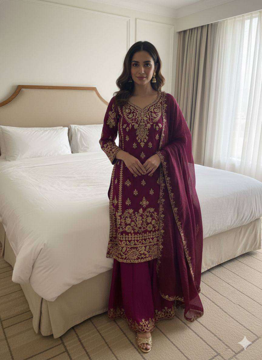 Stylish Eid Wear Fendy Top Plazzo Set with Embroidered Dupatta