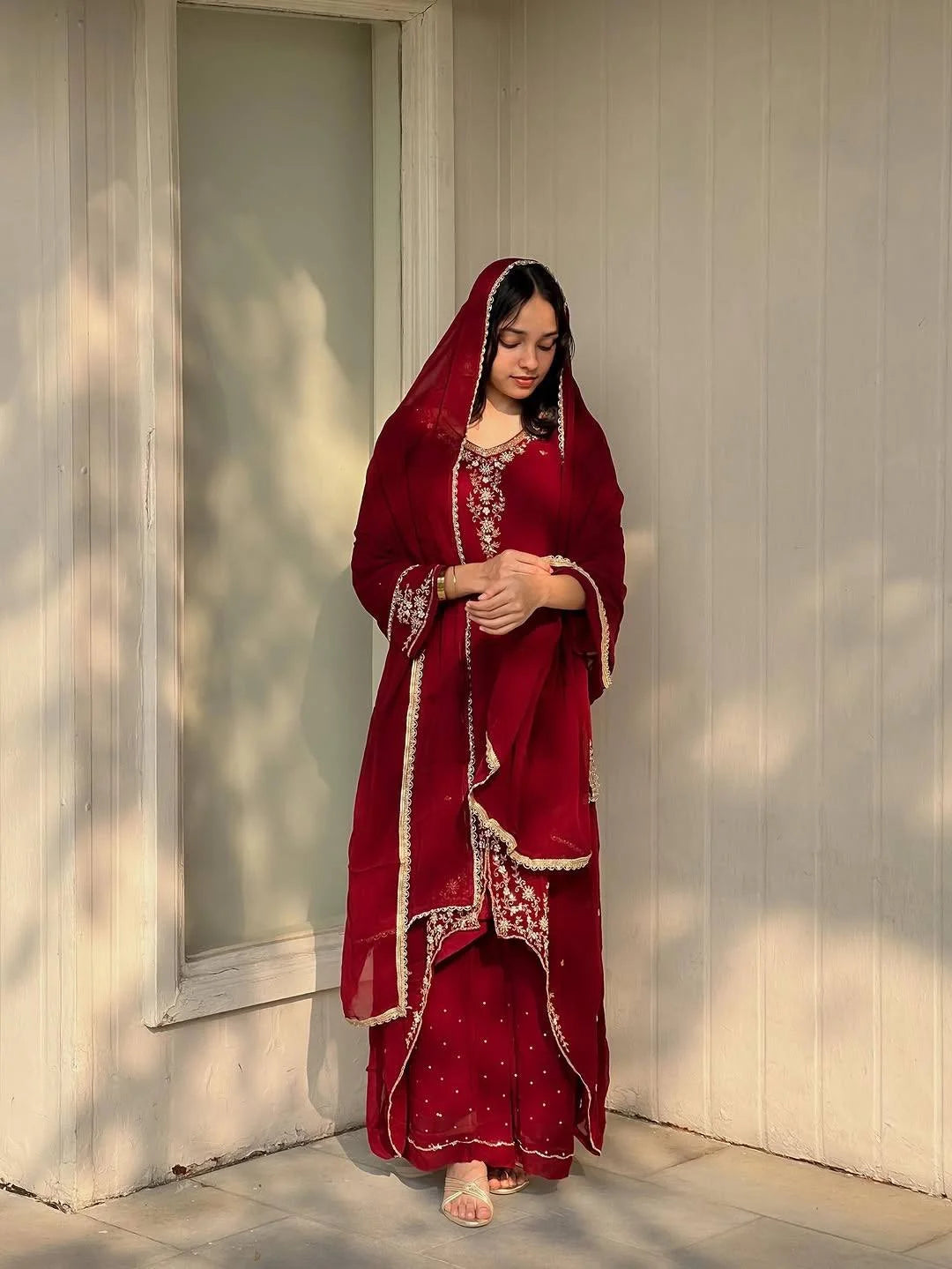 Graceful Faux Georgette Party Wear Kurti Set with Moti Work Detailing