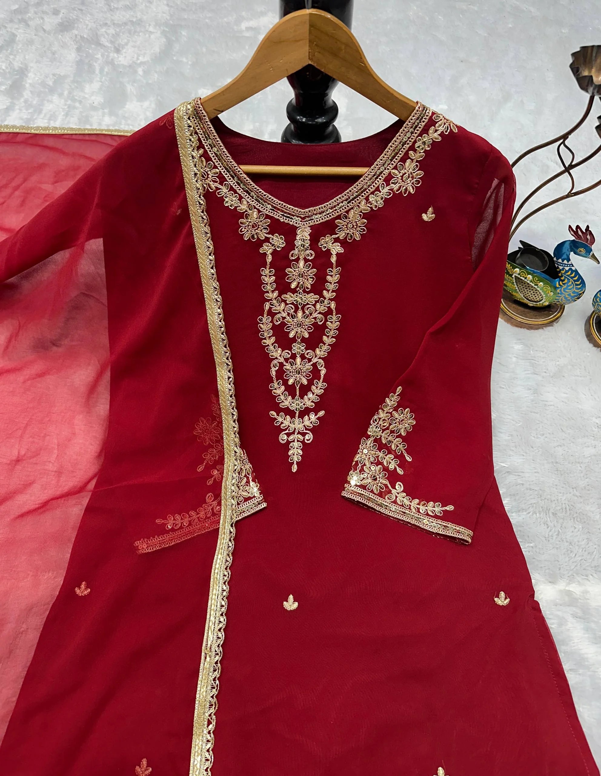 Graceful Faux Georgette Party Wear Kurti Set with Moti Work Detailing