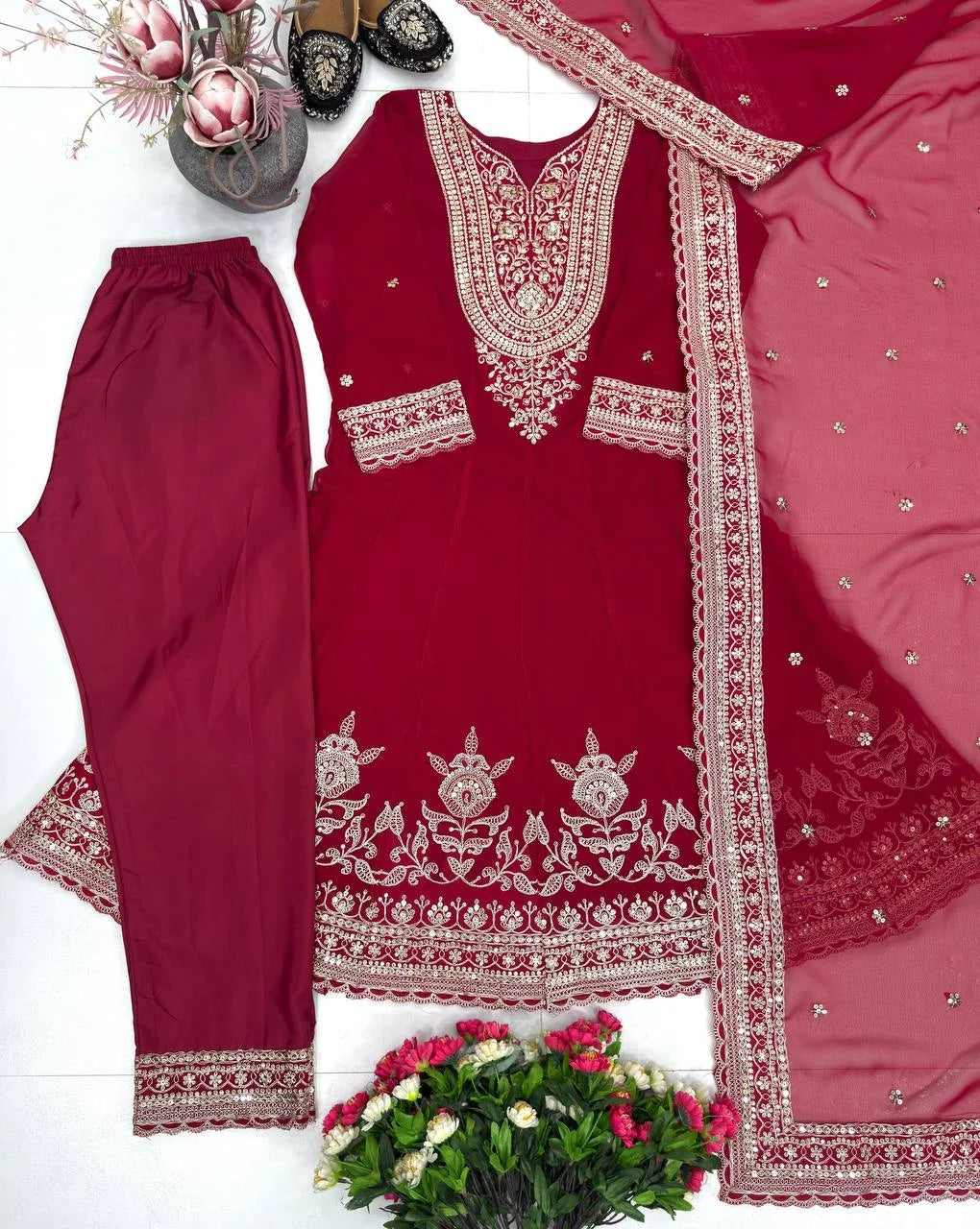 Eid Celebration Wear Heavy Embroidery Faux Georgette Palazzo Suit
