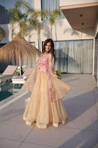 Beige Lehenga Shrug Set with Embroidered Blouse for Wedding Glam