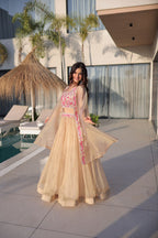 Beige Lehenga Shrug Set with Embroidered Blouse for Wedding Glam