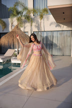Beige Lehenga Shrug Set with Embroidered Blouse for Wedding Glam