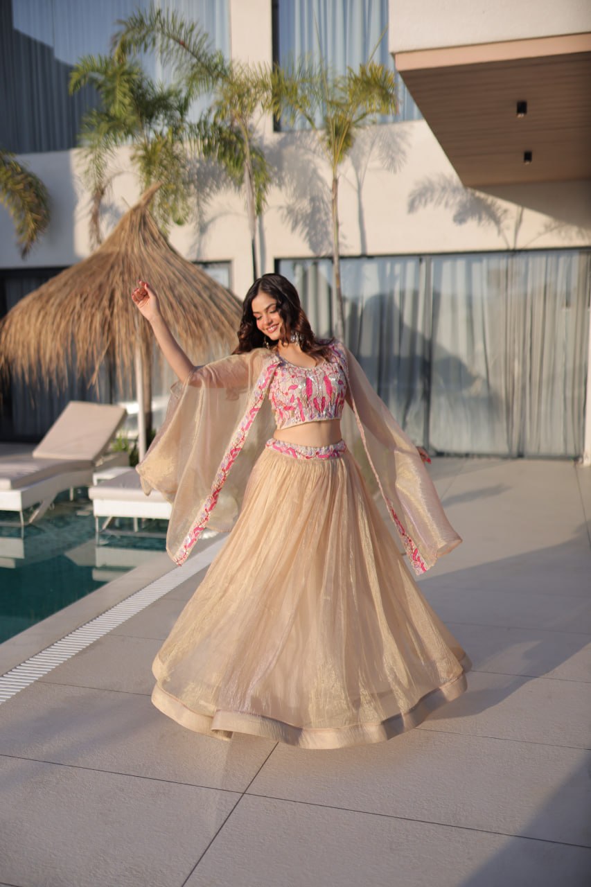 Beige Lehenga Shrug Set with Embroidered Blouse for Wedding Glam
