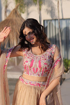 Beige Lehenga Shrug Set with Embroidered Blouse for Wedding Glam