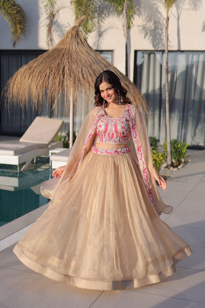 Beige Lehenga Shrug Set with Embroidered Blouse for Wedding Glam