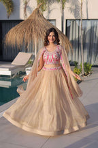 Beige Lehenga Shrug Set with Embroidered Blouse for Wedding Glam