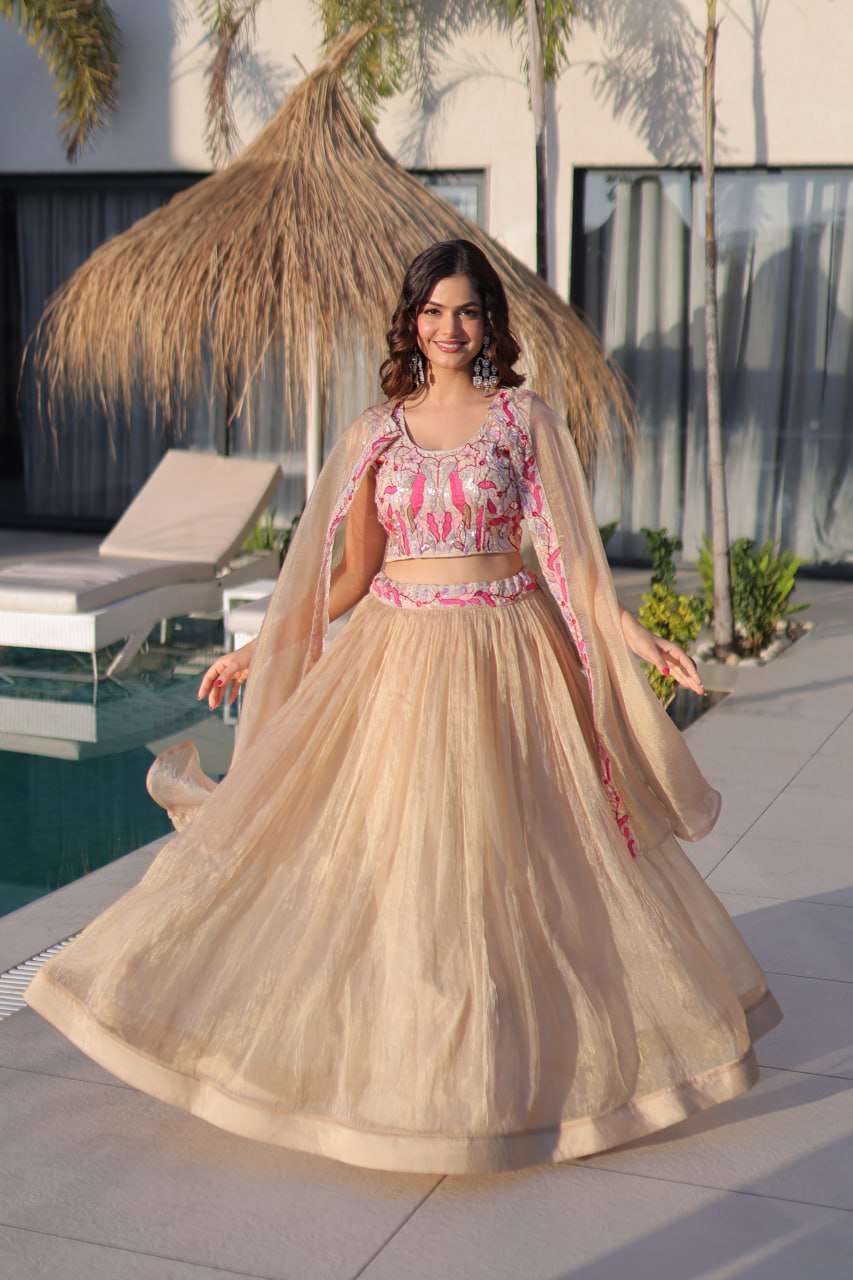 Beige Lehenga Shrug Set with Embroidered Blouse for Wedding Glam