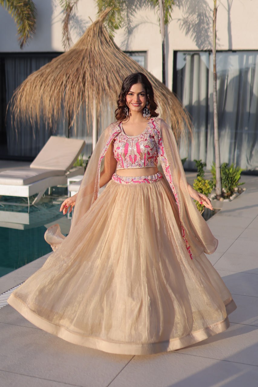 Beige Lehenga Shrug Set with Embroidered Blouse for Wedding Glam