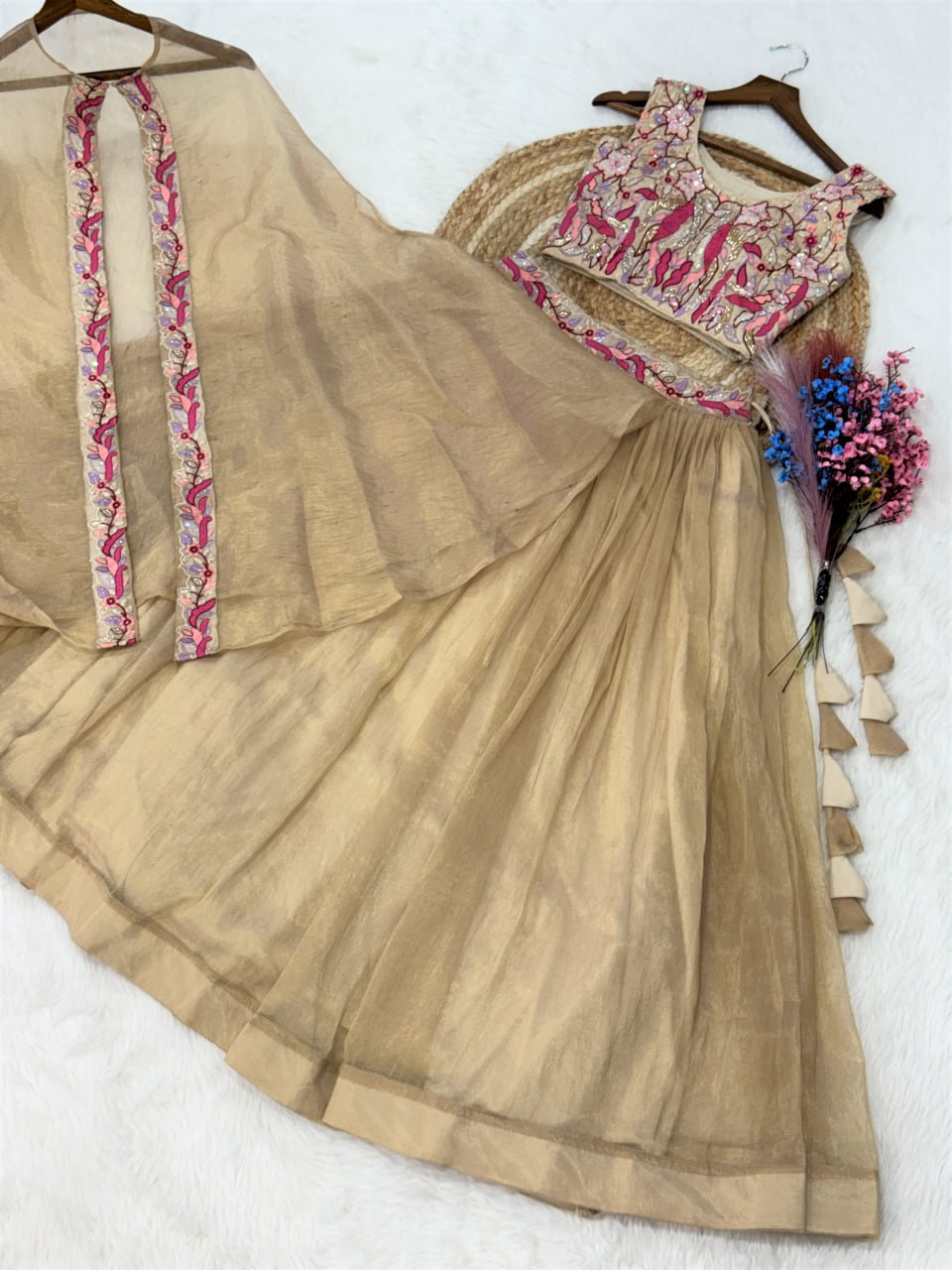 Beige Lehenga Shrug Set with Embroidered Blouse for Wedding Glam