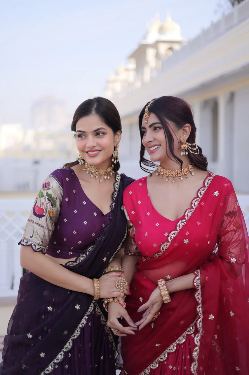 Festive Dola Silk Lehenga Choli with Meena Weaving & Lace Work Dupatta