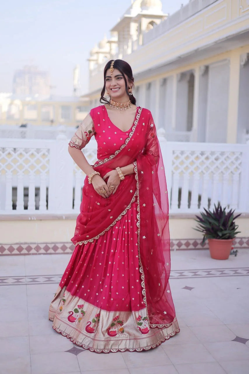 Festive Dola Silk Lehenga Choli with Meena Weaving & Lace Work Dupatta