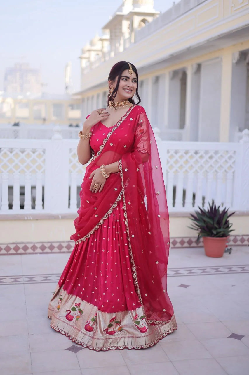 Festive Dola Silk Lehenga Choli with Meena Weaving & Lace Work Dupatta