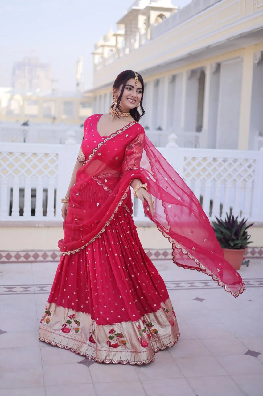 Festive Dola Silk Lehenga Choli with Meena Weaving & Lace Work Dupatta