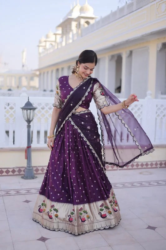 Festive Dola Silk Lehenga Choli with Meena Weaving & Lace Work Dupatta