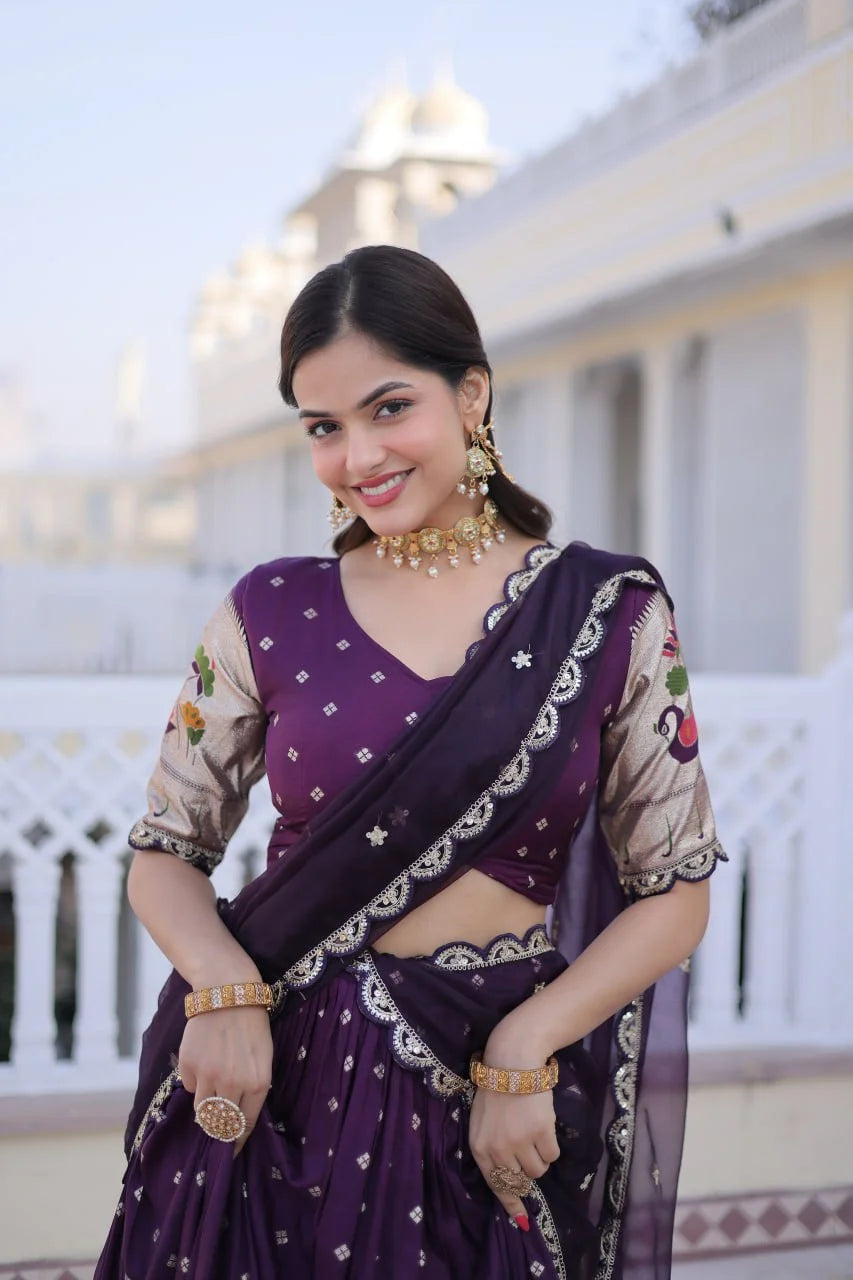 Festive Dola Silk Lehenga Choli with Meena Weaving & Lace Work Dupatta