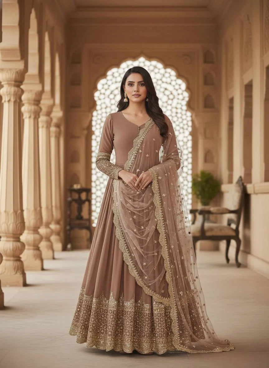 Premium Faux Georgette Embroidered Party Wear Gown with Net Dupatta