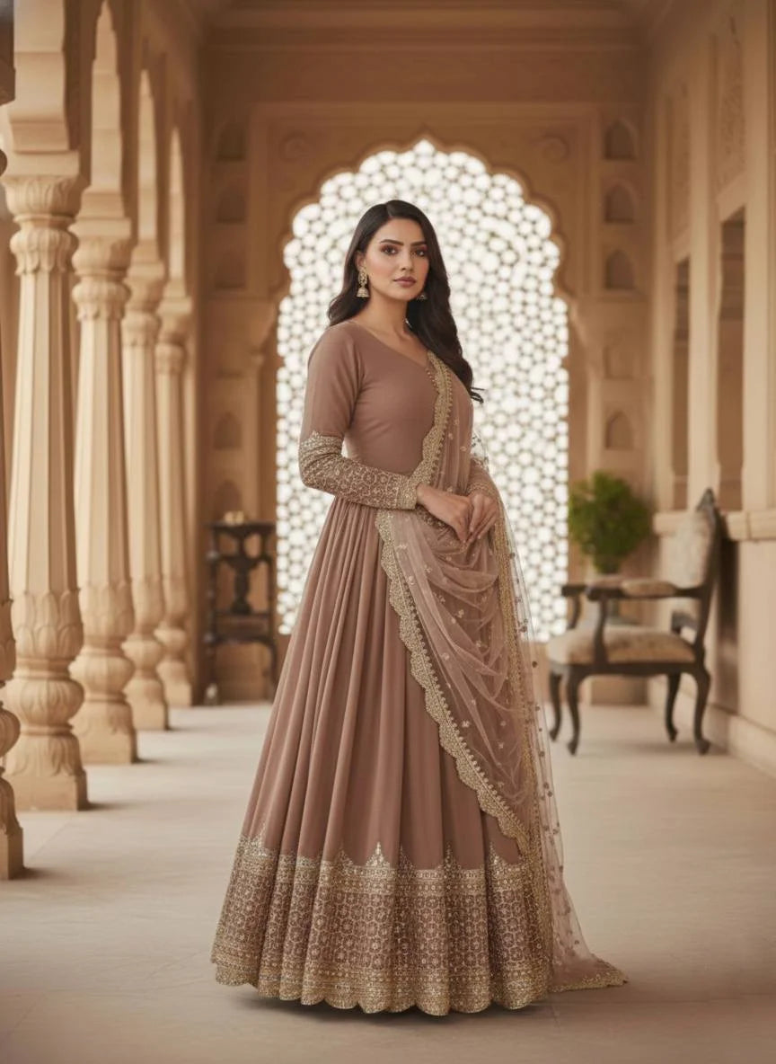 Premium Faux Georgette Embroidered Party Wear Gown with Net Dupatta