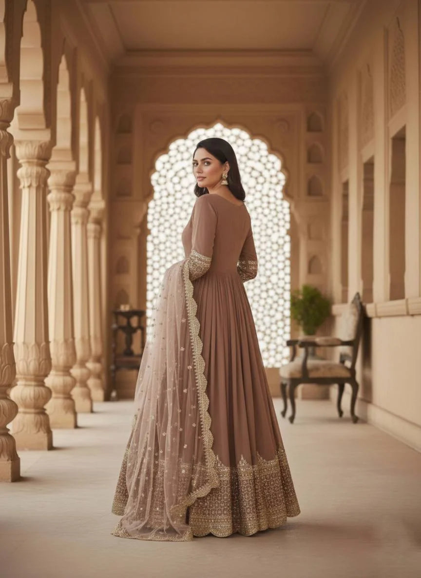 Premium Faux Georgette Embroidered Party Wear Gown with Net Dupatta