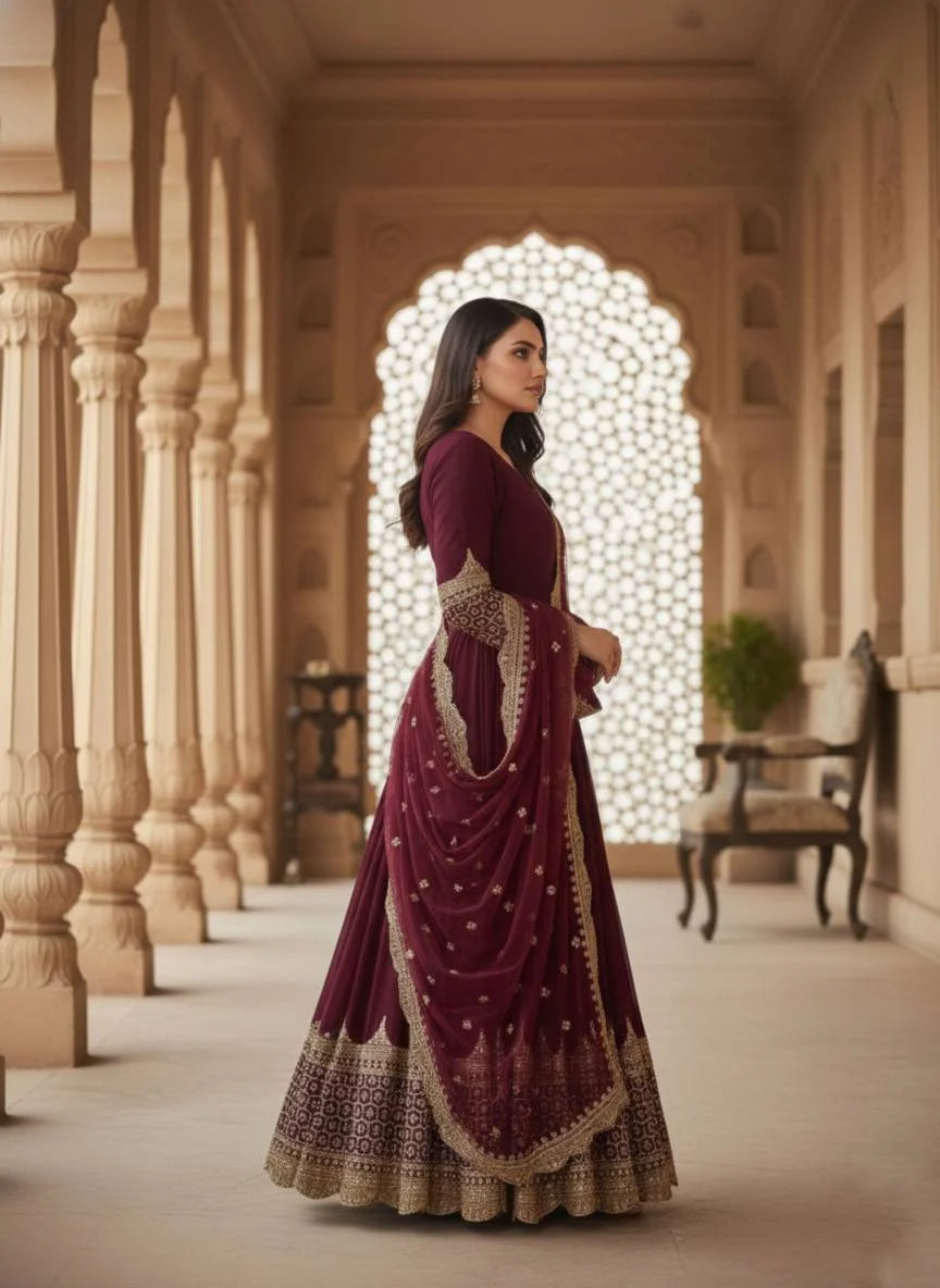 Stylish Georgette Embroidered Gown with Sequence Work Dupatta