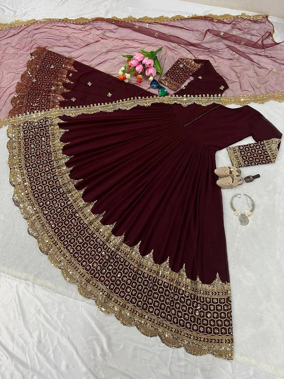 Stylish Georgette Embroidered Gown with Sequence Work Dupatta