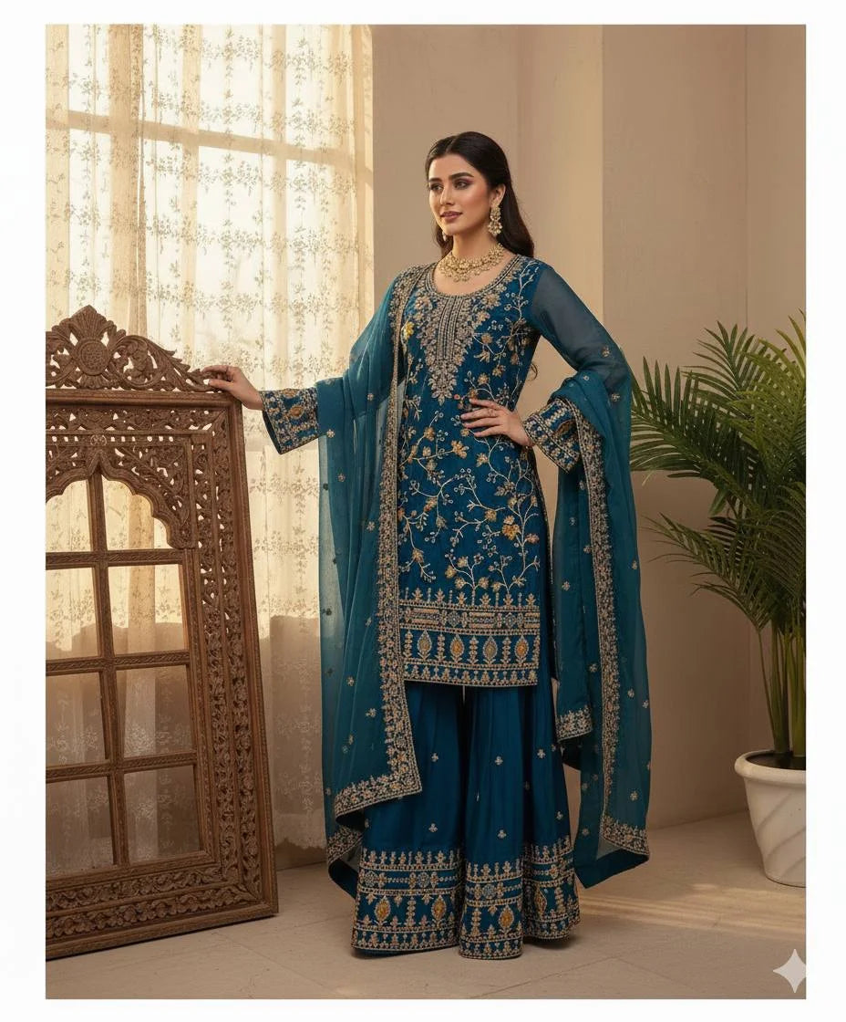 Premium Jimmy Choo Embroidered Top Sharara Set with Dupatta