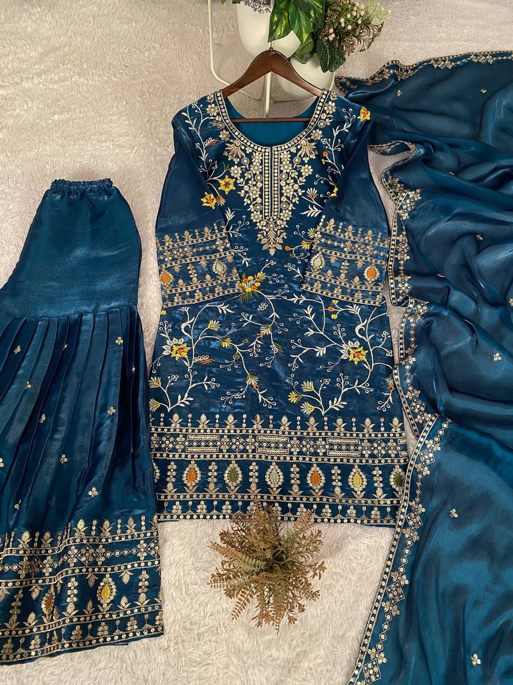 Premium Jimmy Choo Embroidered Top Sharara Set with Dupatta