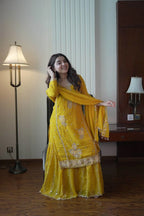 Elegant Yellow Kurti Gharara Suit with Beads & Heavy Embroidery for Eid