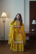 Elegant Yellow Kurti Gharara Suit with Beads & Heavy Embroidery for Eid