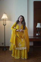 Elegant Yellow Kurti Gharara Suit with Beads & Heavy Embroidery for Eid