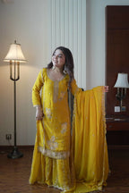 Elegant Yellow Kurti Gharara Suit with Beads & Heavy Embroidery for Eid