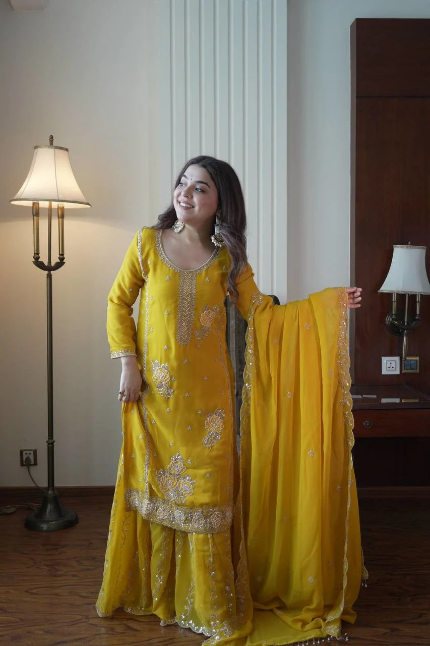 Elegant Yellow Kurti Gharara Suit with Beads & Heavy Embroidery for Eid