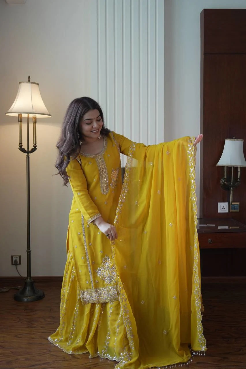 Elegant Yellow Kurti Gharara Suit with Beads & Heavy Embroidery for Eid