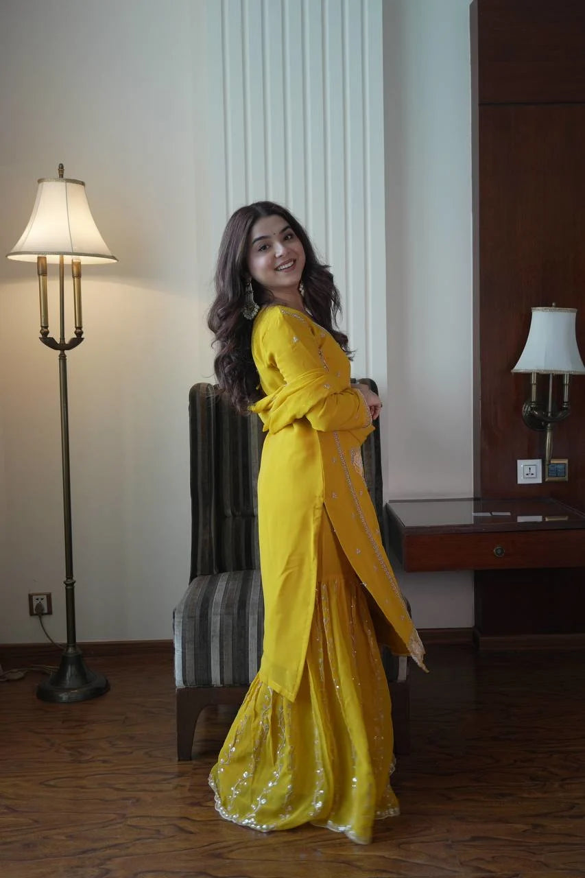 Elegant Yellow Kurti Gharara Suit with Beads & Heavy Embroidery for Eid