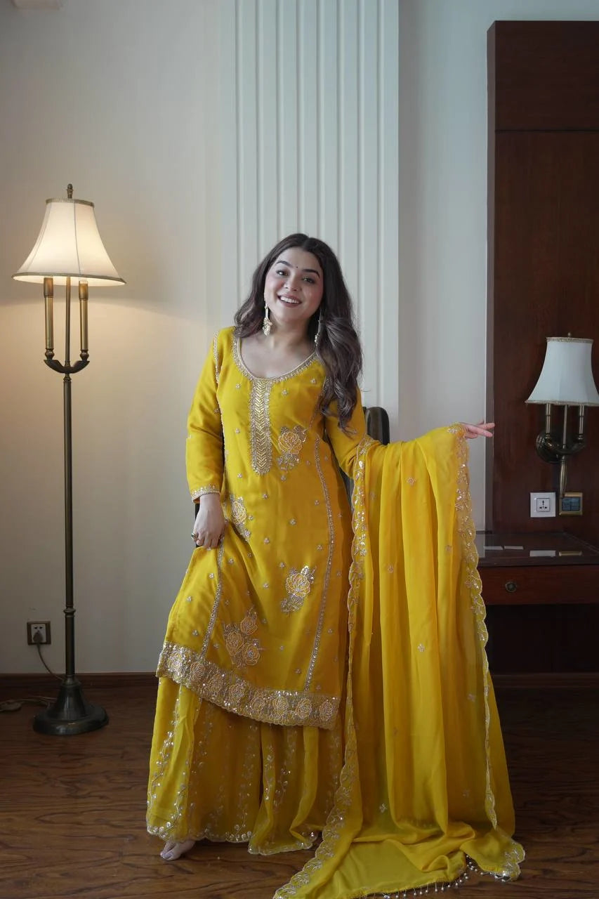 Elegant Yellow Kurti Gharara Suit with Beads & Heavy Embroidery for Eid