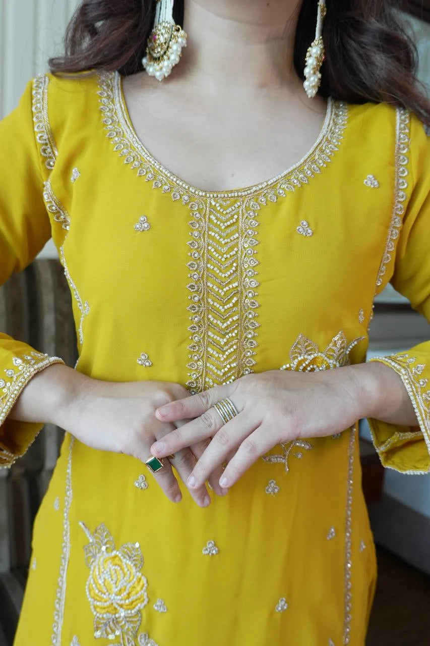 Elegant Yellow Kurti Gharara Suit with Beads & Heavy Embroidery for Eid