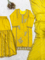 Elegant Yellow Kurti Gharara Suit with Beads & Heavy Embroidery for Eid