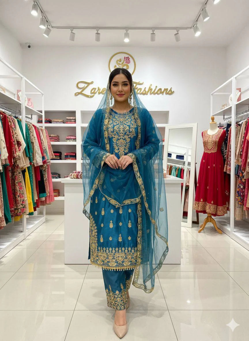 Graceful Eid Wear Chinon Embroidered Top Plazzo Set with Butterfly Net Dupatta