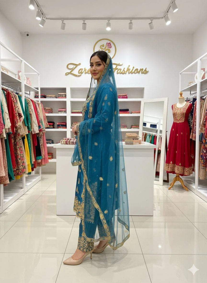 Graceful Eid Wear Chinon Embroidered Top Plazzo Set with Butterfly Net Dupatta