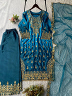 Graceful Eid Wear Chinon Embroidered Top Plazzo Set with Butterfly Net Dupatta