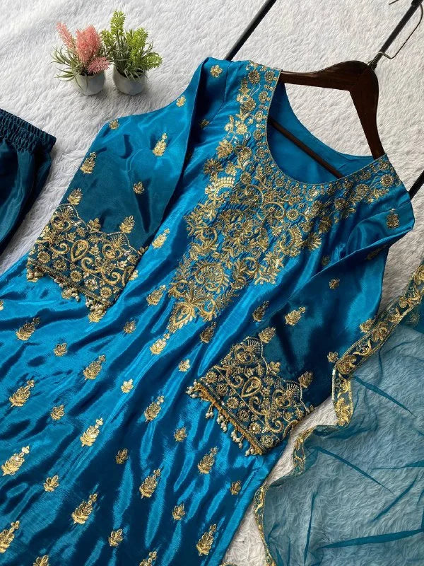 Graceful Eid Wear Chinon Embroidered Top Plazzo Set with Butterfly Net Dupatta